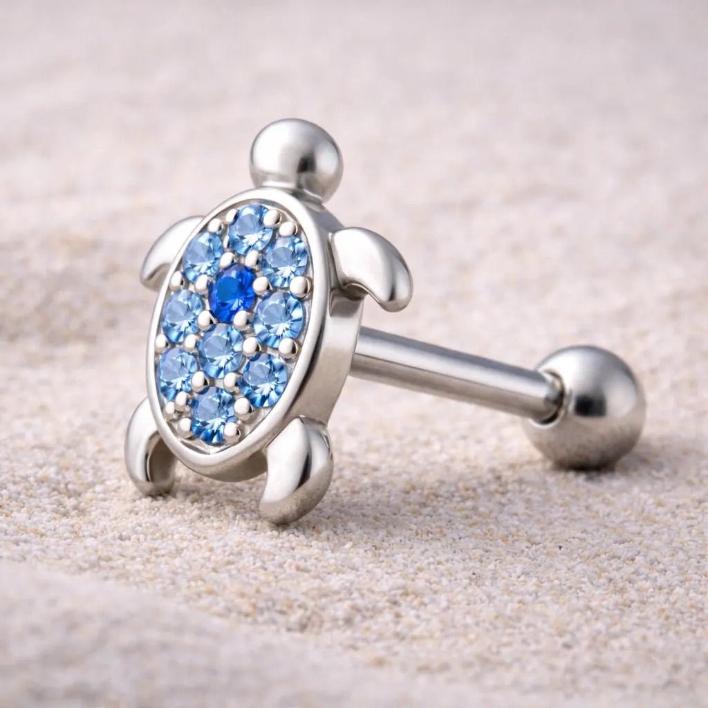 Ocean Blue Turtle Cartilage Earring 16G CZ Steel
