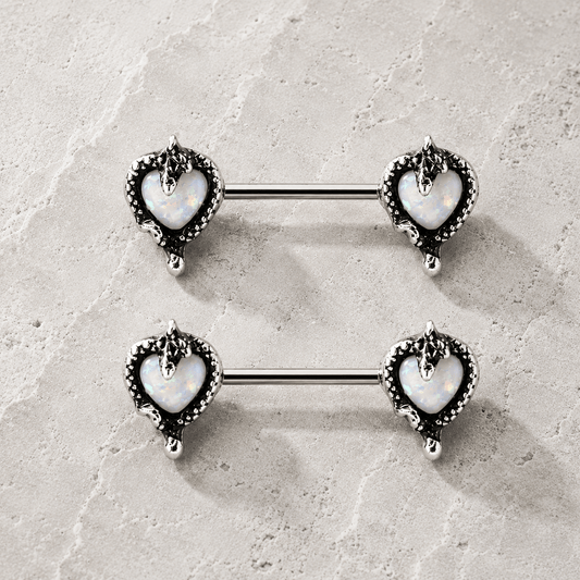 Opal Heart Snake Nipple Bar 14G Pair 316L Steel
