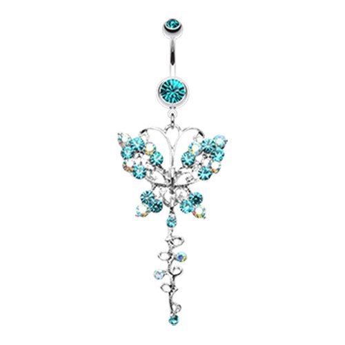Opulent Butterfly Multi-Gem Belly Button Ring Navel Ring Impulse Piercings Teal/Aurora Borealis