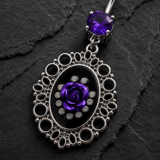 Ornate Frame Rose Navel Ring, close up of black enamel and CZ detail