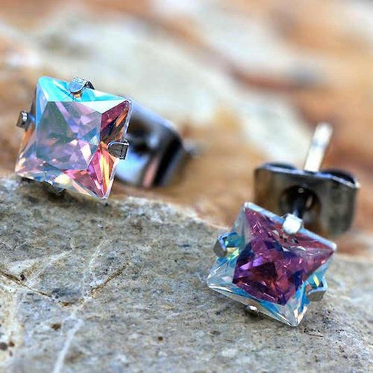Pair of Stainless Steel Aurora Borealis Princess Cut CZ Stud Earrings