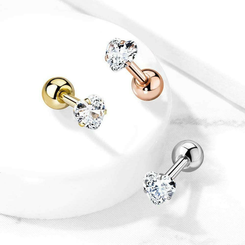 Prong Heart CZ Surgical Steel Cartilage, Tragus Barbell Stud Barbell Impulse Piercings