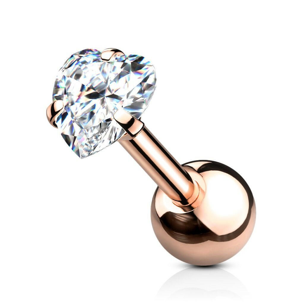Prong Heart CZ Surgical Steel Cartilage, Tragus Barbell Stud Barbell Impulse Piercings Length: 6mm | Ball: 3mm | Rose Gold