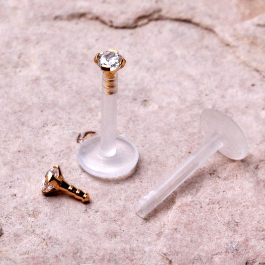 PTFE Bioflex Internally Threaded Labret with Gold Plated Prong Set CZ Top - Skin Metals