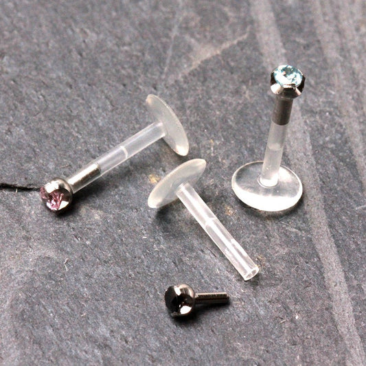 PTFE Bioflex Internally Threaded Labret with Prong Set CZ Top - Skin Metals