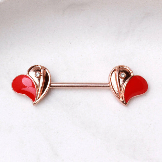 Red Floating Heart Nipple Bar Rose Gold Plated