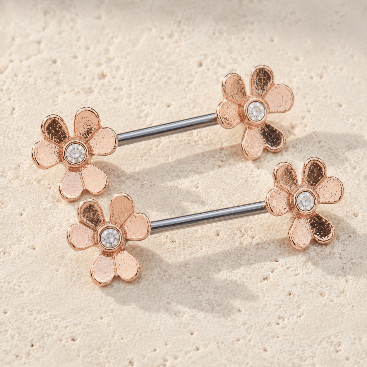 Rose Gold Clover Leaf Nipple Bar 14G CZ 316L Stainless Steel