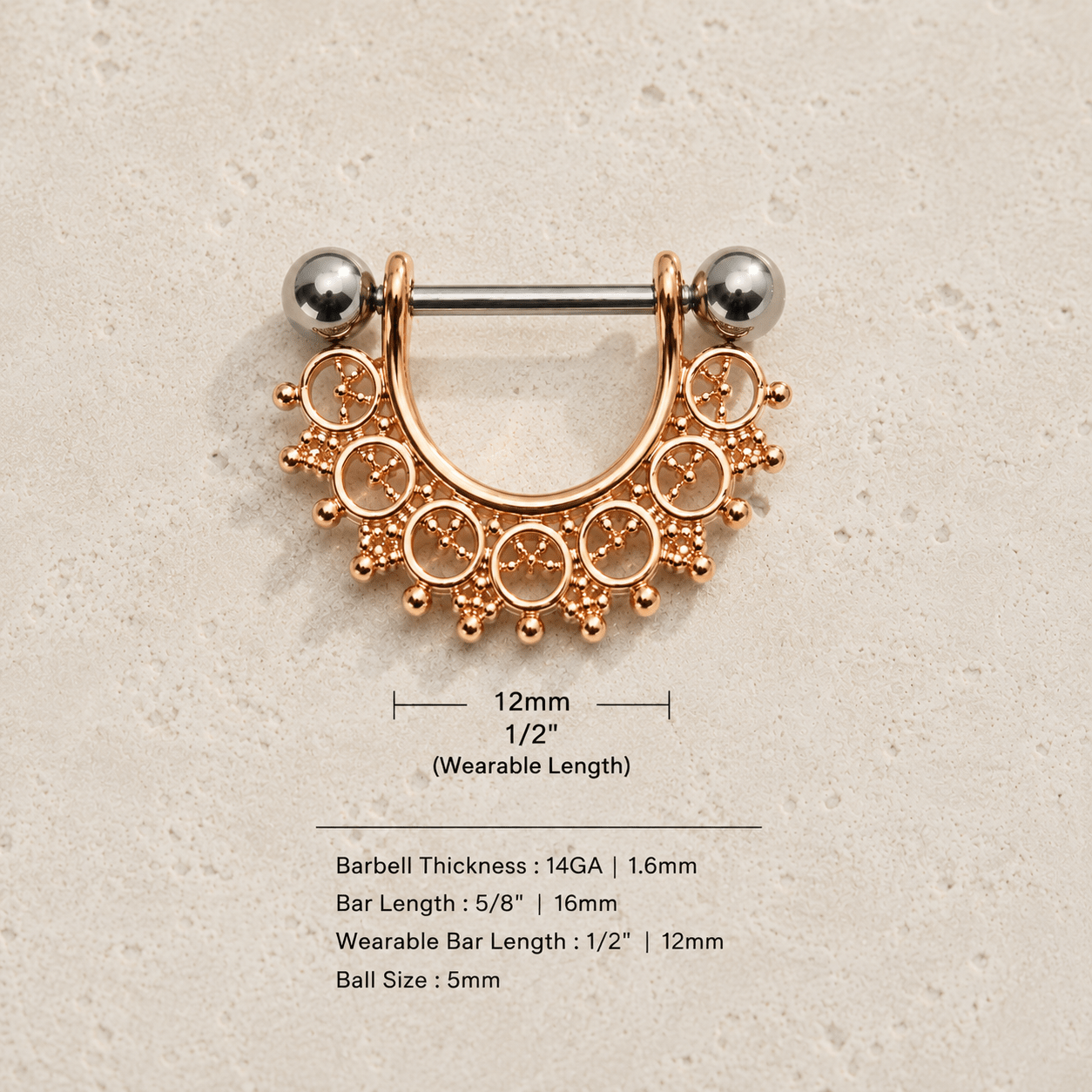 Rose Gold Filigree Fan Nipple Shield 14G Pair