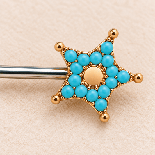 Rose Gold Moon Star Nipple Bar 14G Turquoise Bead Pair - Skin Metals