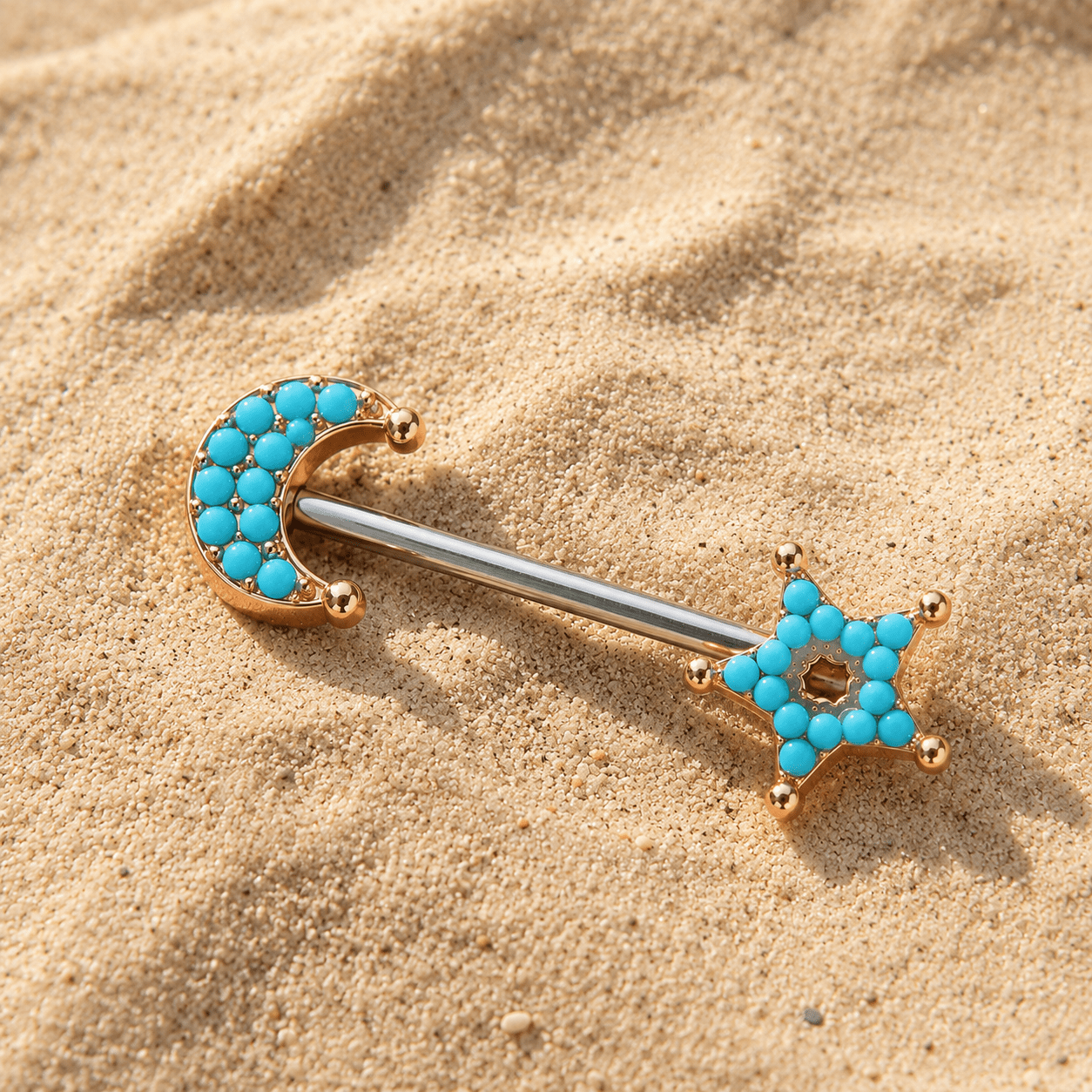 Rose Gold Moon Star Nipple Bar styled on model