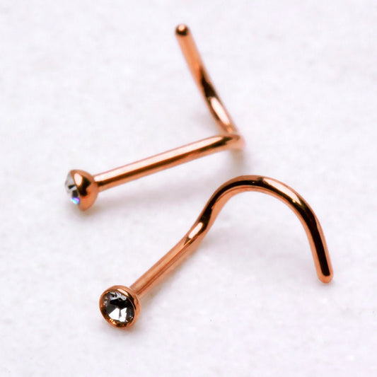 Rose Gold Plated 316L Stainless Steel CZ Screw Nose Ring - Skin Metals