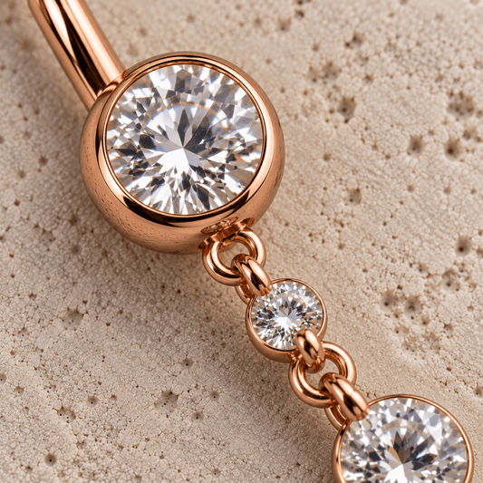 Rose Gold Plated Cascading CZ Dangle Navel Ring - Skin Metals