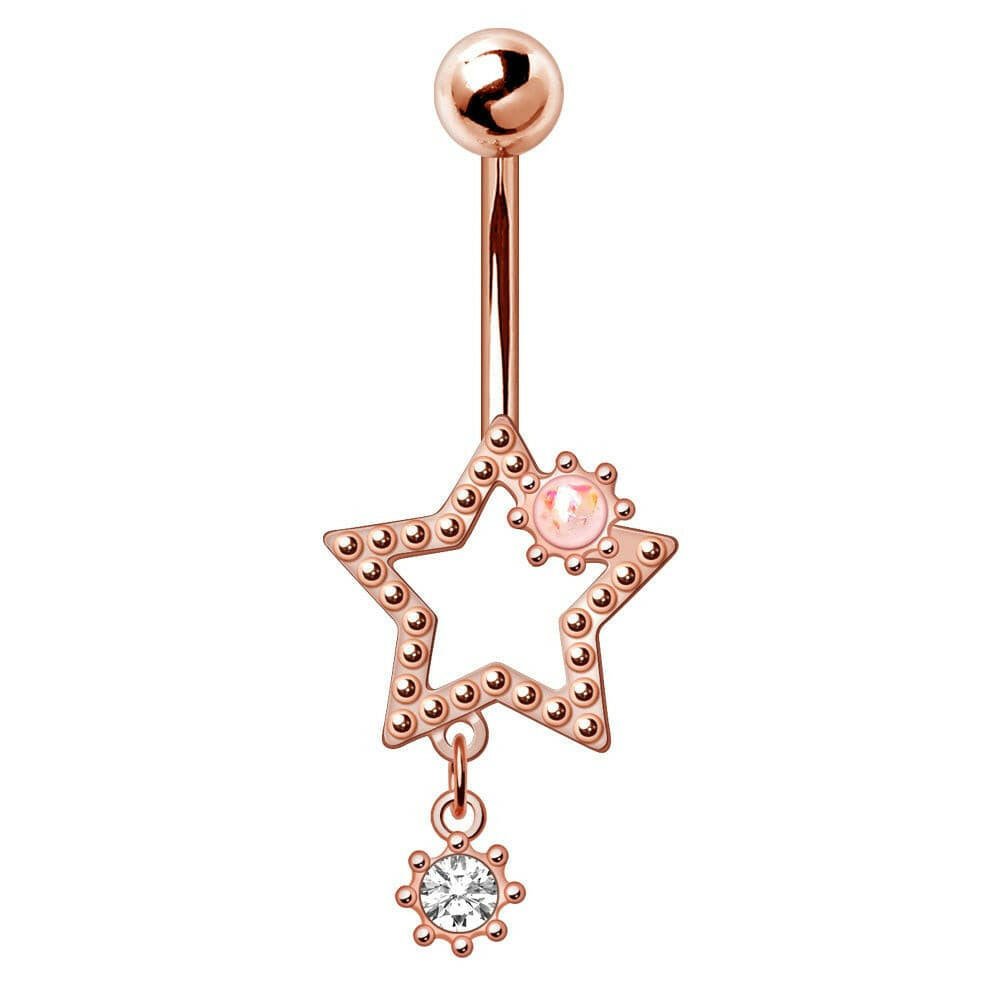 Rose gold star drop navel ring on white background, 14G white opal CZ dangling star 316L stainless steel belly ring