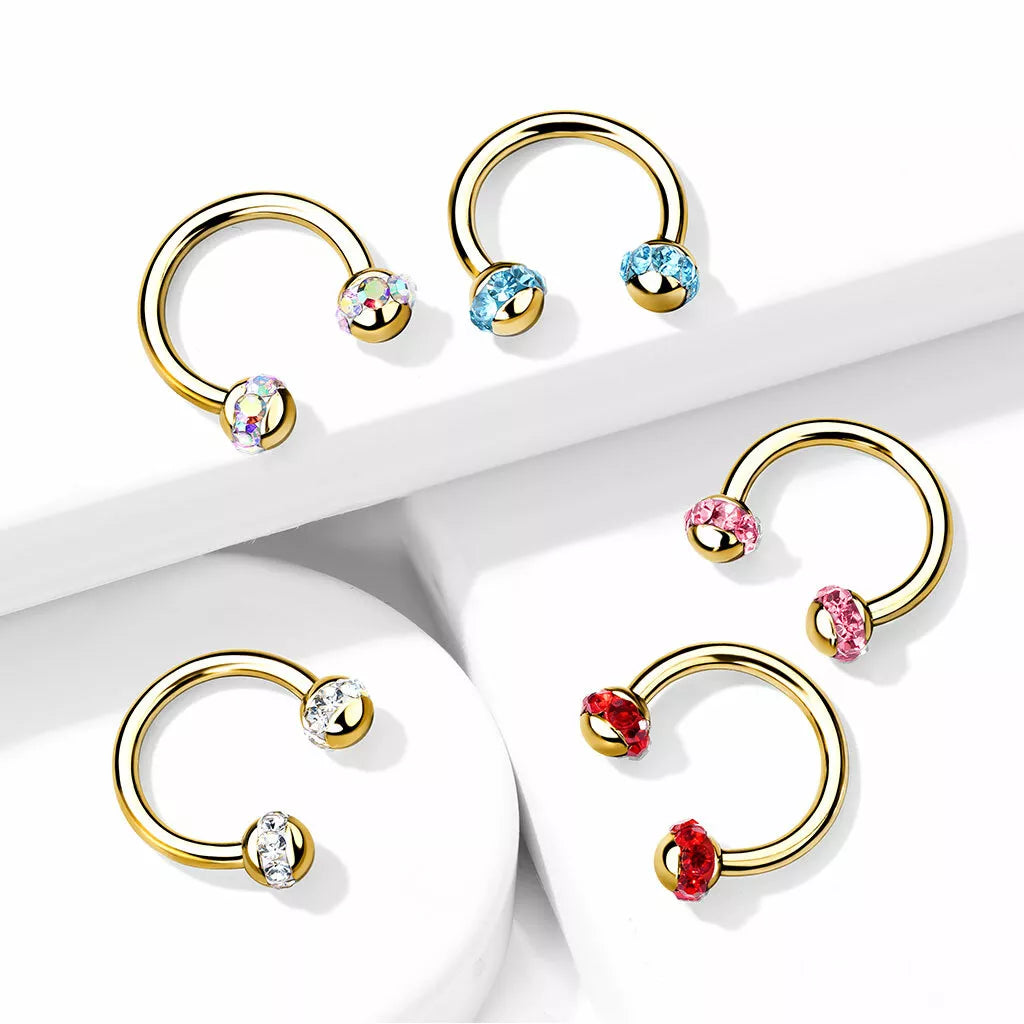 Crystals Paved Around ball Gold PVD Over 316L Surgical Steel Horseshoes for Ear Cartilage, Daith, Eyebrow, Nose Septum and More Horseshoe Skin Metals