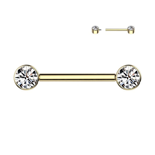 Implant Grade Titanium Internally Threaded Nipple Barbell With Bezel Set CZ Ends Nipple Barbell Skin Metals