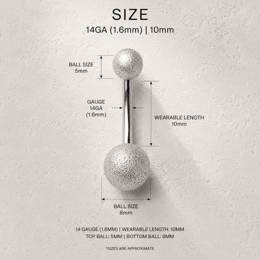 Sanded ball navel ring size chart, 14GA 1.6mm thickness 10mm bar length top 5mm bottom 8mm ball