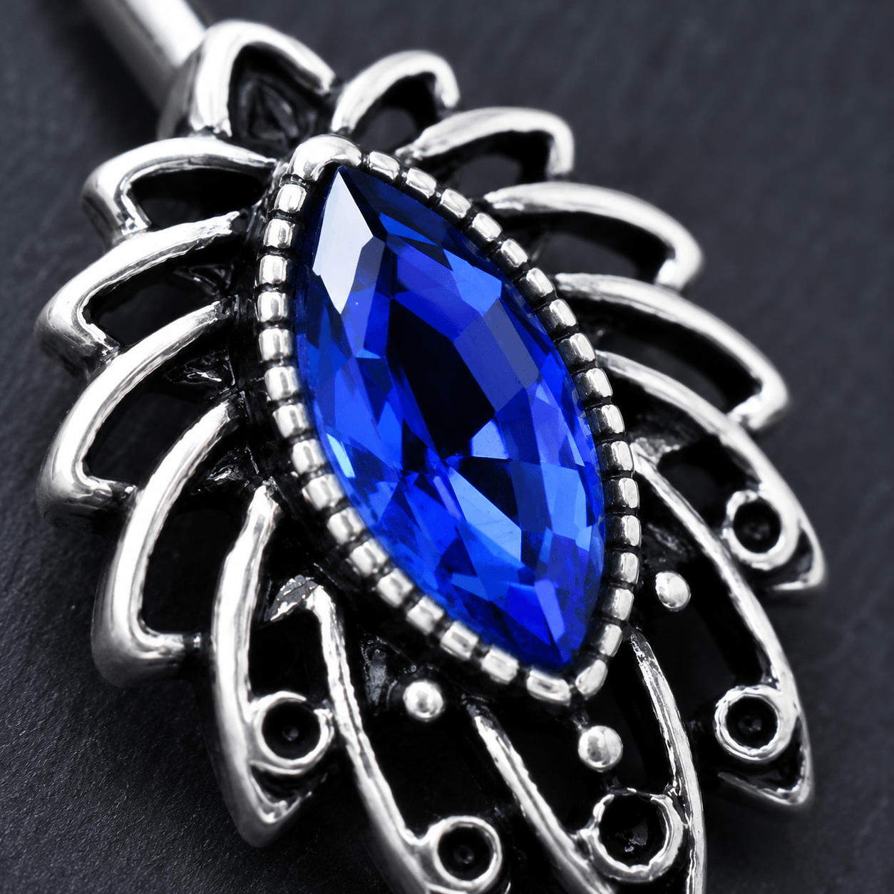 Sapphire Blue CZ Tropical Leaf Navel Ring 14G Black