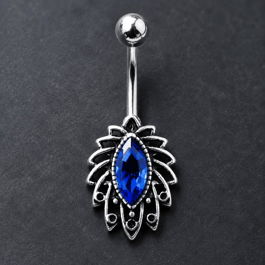 Sapphire Blue CZ Tropical Leaf Navel Ring 14G Black