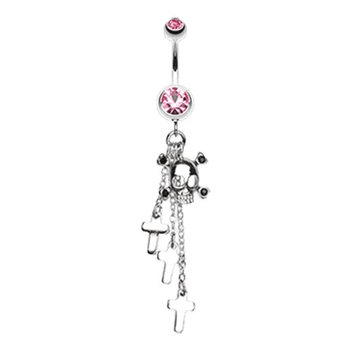Skull Crossbones and Cross Dangle Belly Button Ring Navel Ring Impulse Piercings Light Pink