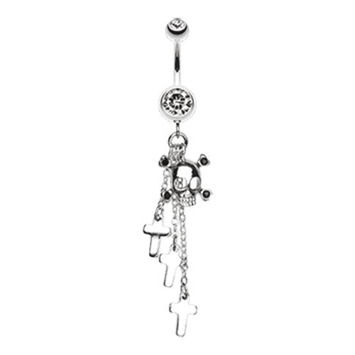 Skull Crossbones and Cross Dangle Belly Button Ring Navel Ring Impulse Piercings Clear