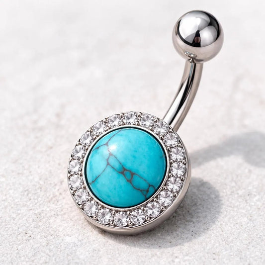 Stainless Steel Antique Jeweled Turquoise Navel Ring
