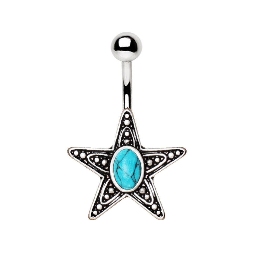 Stainless Steel Antique Star With Turquoise Stone Inlay Navel Ring Navel Ring Impulse Piercings