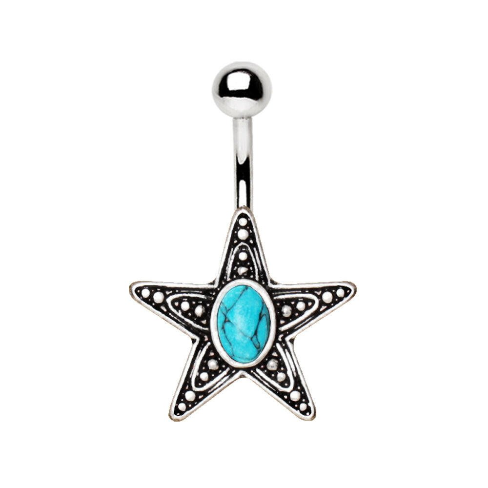 Stainless Steel Antique Star With Turquoise Stone Inlay Navel Ring Navel Ring Impulse Piercings