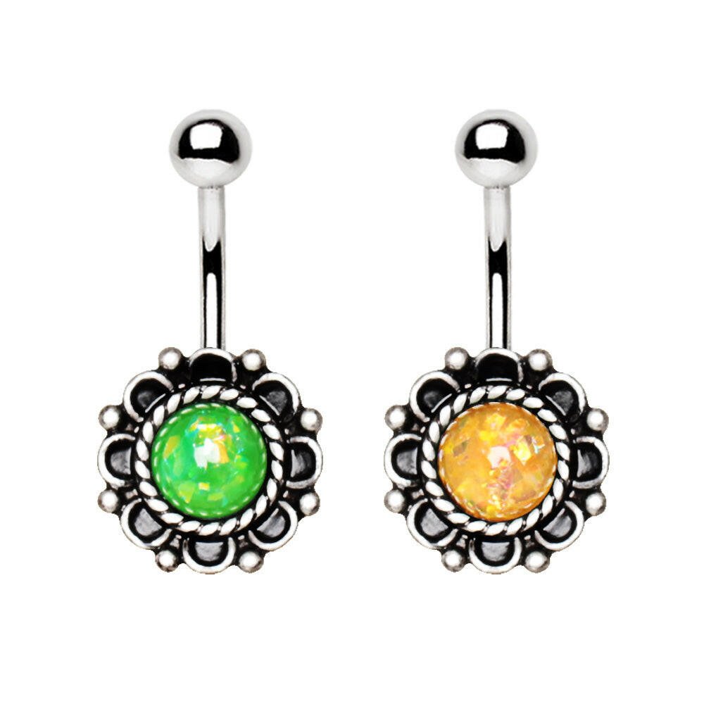 Stainless Steel Antique Synthetic Opal Floral Charm Navel Ring Navel Ring Impulse Piercings