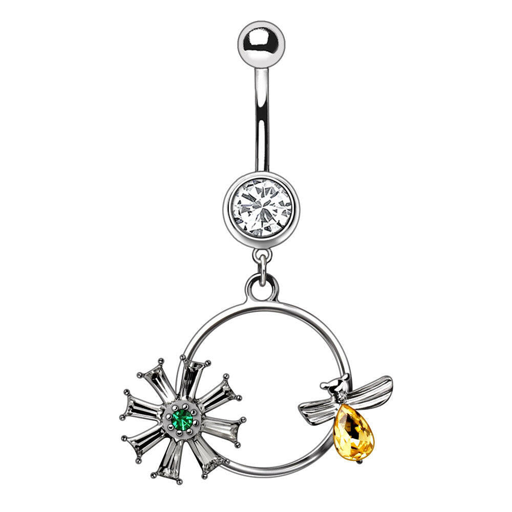Stainless Steel Bee and Flower Dangle Navel Ring