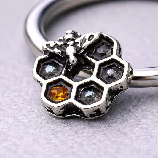 Stainless Steel Bee and Honeycomb Seamless Ring / Cartilage Earring