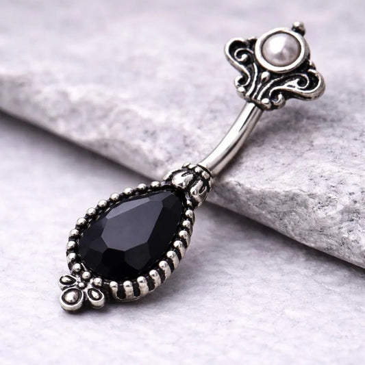 Black Victorian Belly Button Ring 14G Dangle Navel Ring CZ Faux Pearl Gothic Jewelry