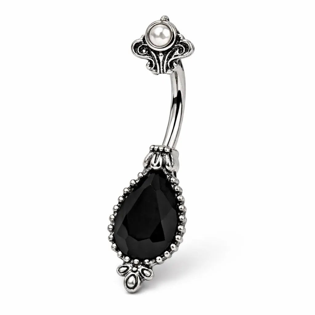 Black Victorian Belly Button Ring 14G Dangle Navel Ring CZ Faux Pearl Gothic Jewelry