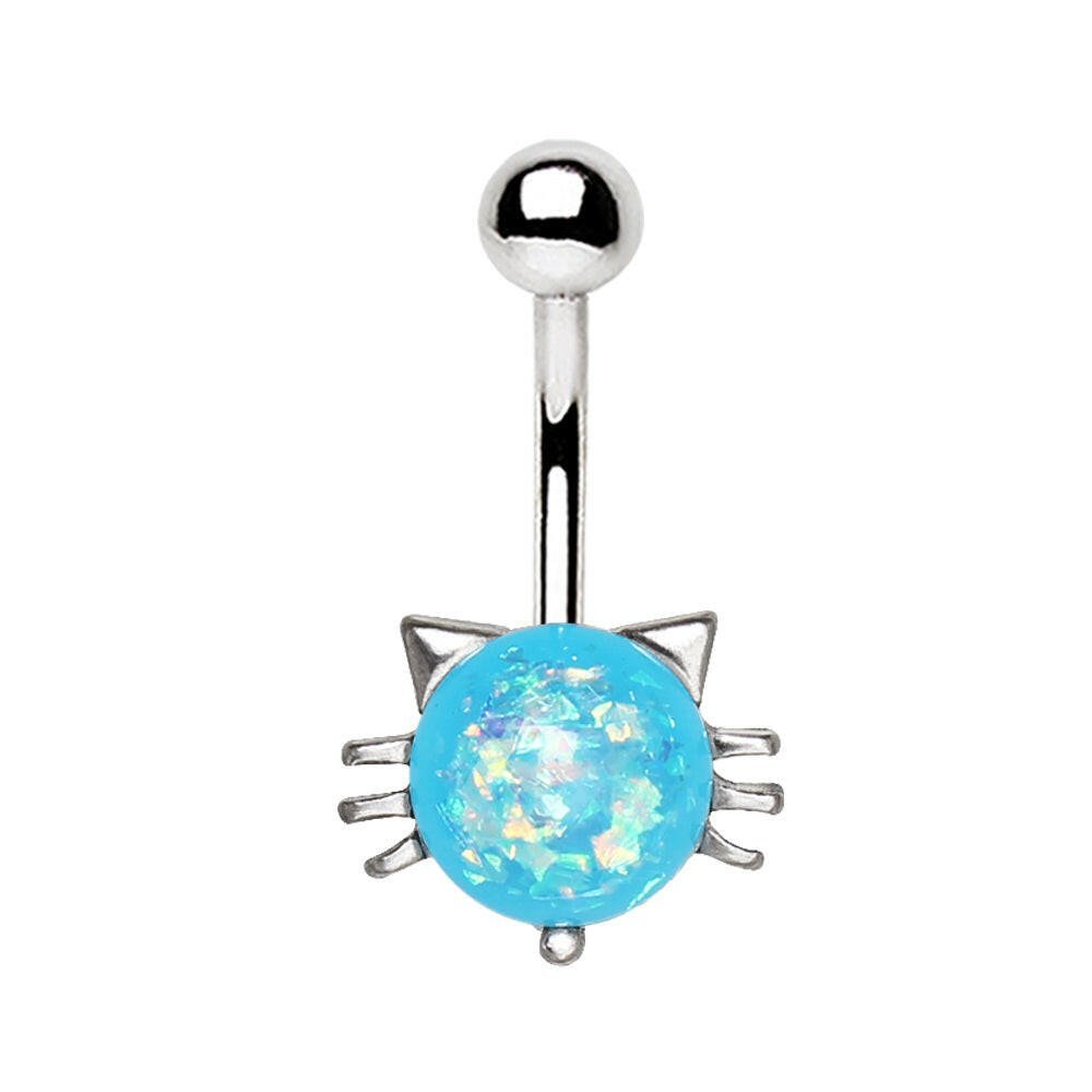 Stainless Steel Blue Synthetic Opal Kitty Cat Navel Ring