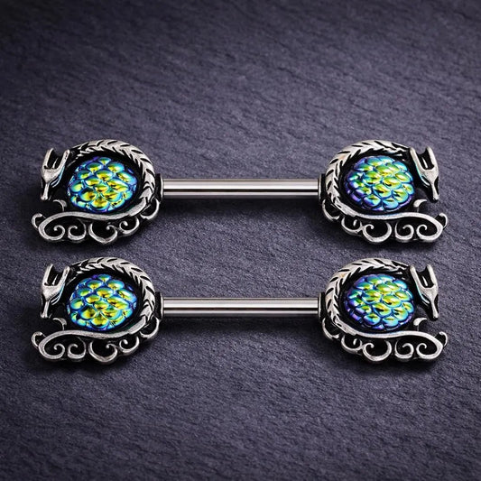 Stainless Steel Cabochon Dragon Nipple Bar Rings