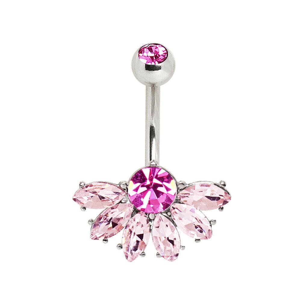 Stainless Steel Deluxe Pink Jeweled Fan Navel Ring