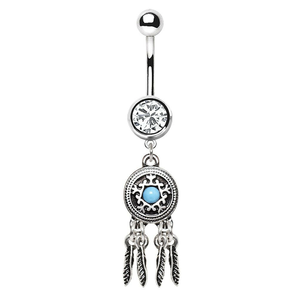 Stainless Steel Feather Dream Catcher Dangle Belly Button Navel Ring