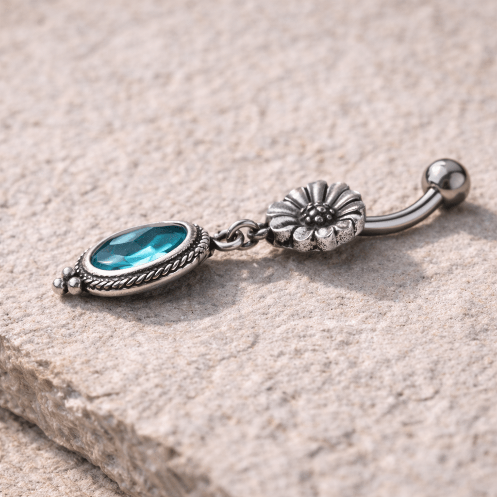 Stainless Steel Flower and Aqua Pendant Dangle Navel Ring