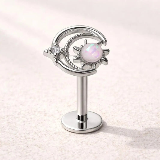 Galaxy Labret Stud 16G Opal CZ Sun Moon Star Flat Back Cartilage Lip Earring 316L Steel