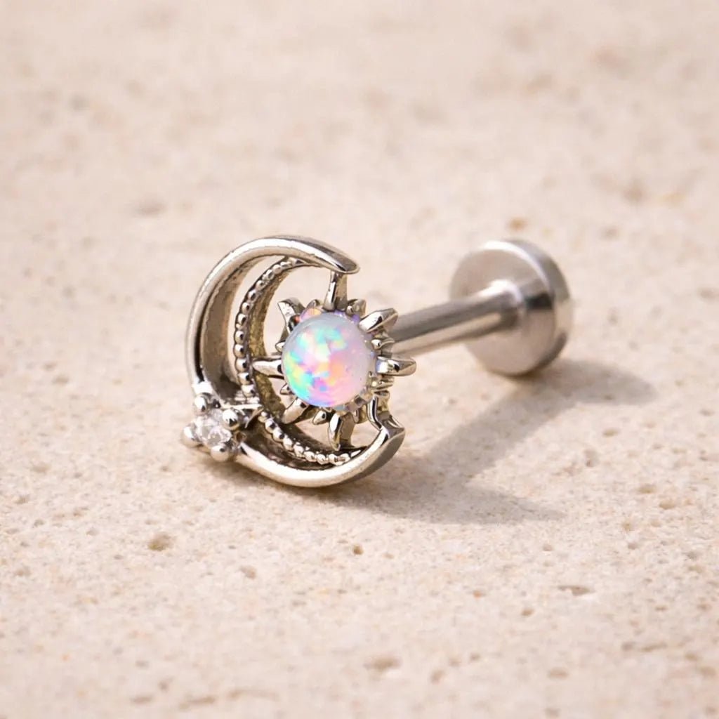 Galaxy Labret Stud 16G Opal CZ Sun Moon Star Flat Back Cartilage Lip Earring 316L Steel