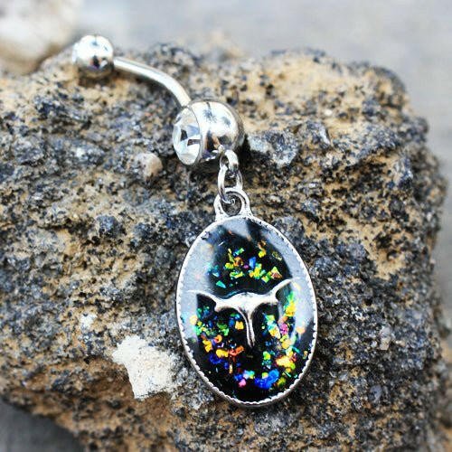 Stainless Steel Glitter Epoxy Longhorn Pendant Dangle Navel Ring