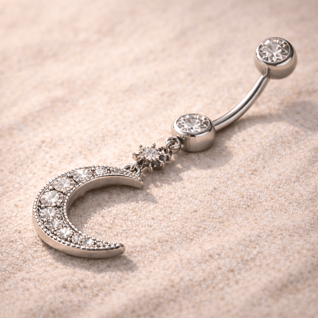 Stainless Steel Glittering Moon & Star Dangle Navel Ring - Skin Metals