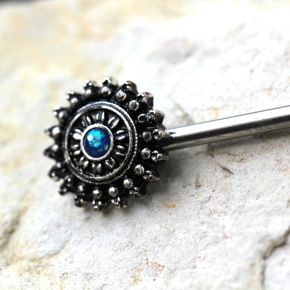 Stainless Steel Green Synthetic Opal Ornate Nipple Bar Nipple Ring Impulse Piercings
