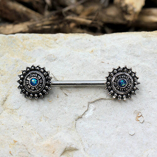 Stainless Steel Green Synthetic Opal Ornate Nipple Bar Nipple Ring Impulse Piercings