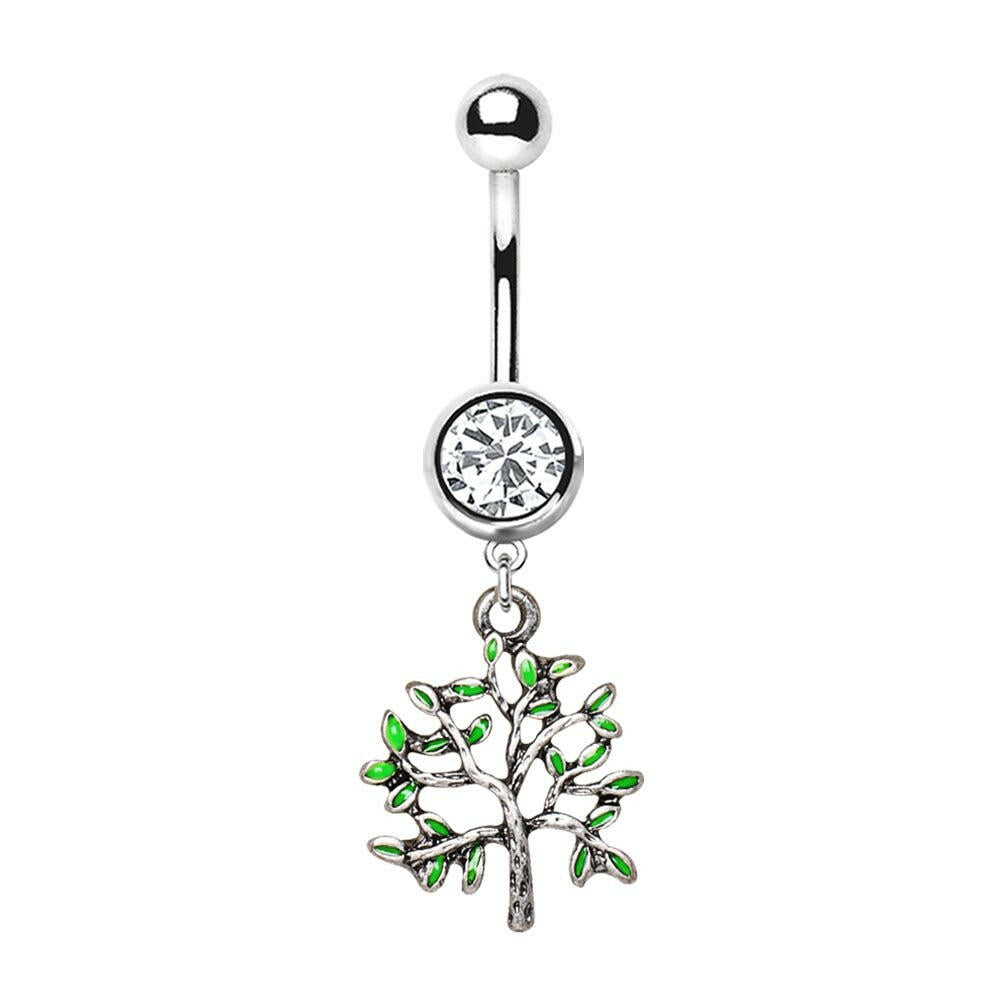 Stainless Steel Green Tree of Life Dangle Navel Ring
