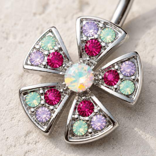 Stainless Steel Jeweled Fan Shaped Flower Navel Ring - Skin Metals