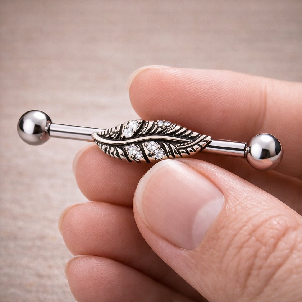 Stainless Steel Jeweled Leaf Industrial Barbell Industrial Barbell Impulse Piercings