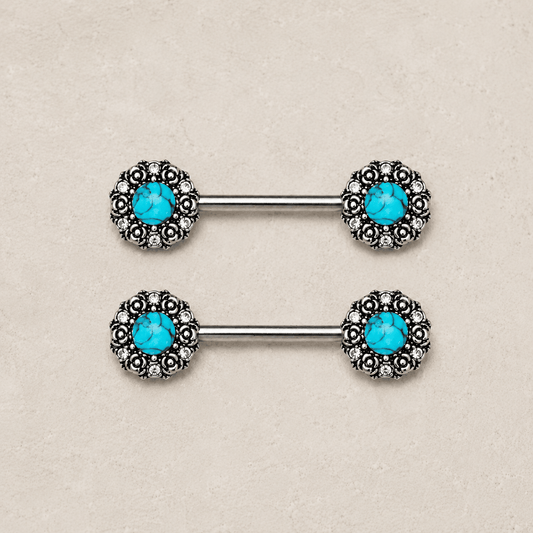 Stainless Steel Medieval Rose Nipple Bar with Stone Inlay - Skin Metals