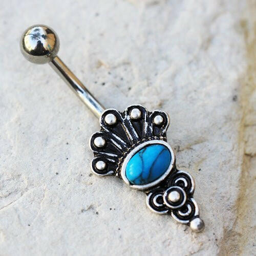 Stainless Steel Medieval Style Navel Ring with Turquoise Stone