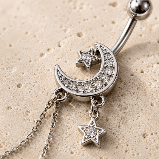 Stainless Steel Moon and Stars Dangle Navel Ring