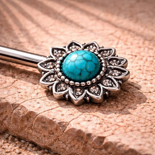 Stainless Steel Mystical Sunburst Nipple Bar with Stone Inlay Nipple Ring Skin Metals